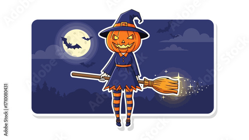 Spooky Witch Pumpkin: A whimsically illustrated witch, with a pumpkin head and a mischievous grin, soars through the moonlit night on a magical broomstick. Perfect for Halloween!
