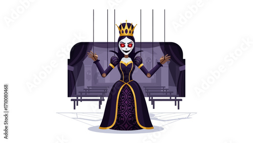 Animated Puppet Queen: A striking illustration portrays a puppet queen, adorned with a crown and elegant gown, suspended by strings against a theater backdrop, showcasing the art of puppetry.