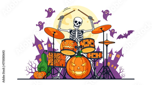 Halloween Drummer: A skeletal musician energetically plays the drums under a full moon, surrounded by festive Halloween elements such as carved pumpkins, and haunted houses.
