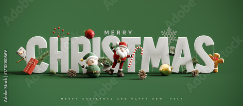 White Christmas letters with Christmas symbols on green background. Creative Merry Christmas banner design. 3D Rendering, 3D Illustration
