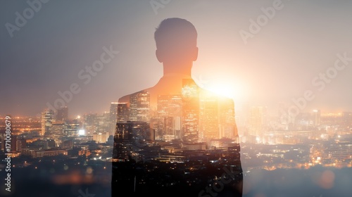 Silhouette of businessman double exposure glowing city skyline at sunrise concept leadership vision success innovation urban lifestyle career growth future opportunities
