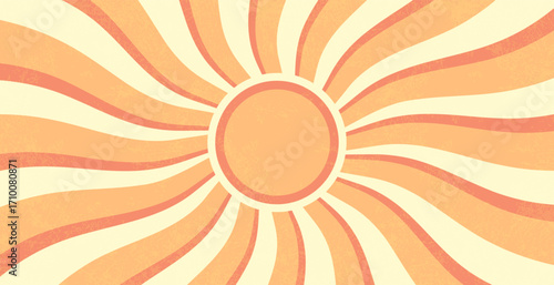Pink-orange sunburst retro background. Groovy radial rays with wavy cartoon lines in boho hippie style. Abstract summer sunshine poster in 70s psychedelic vector design