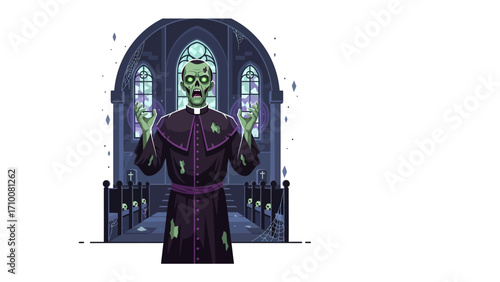 Zombie Priest in Gothic Church: A chilling illustration depicts a zombie priest in a gothic church setting, emanating an eerie aura.