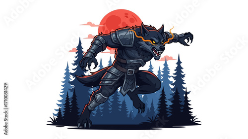Werewolf Under the Crimson Moon: A fearsome werewolf, bathed in the eerie glow of a crimson moon and framed by a dark forest.