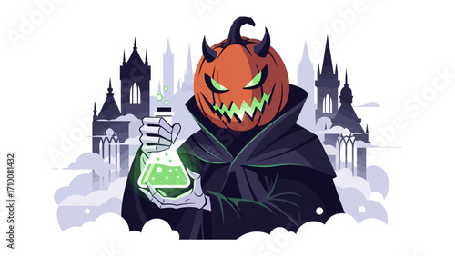 Spooky Pumpkin Head and Castle: A menacing pumpkin-headed figure with glowing eyes and a chilling grin holds a bubbling potion in a gothic castle setting.