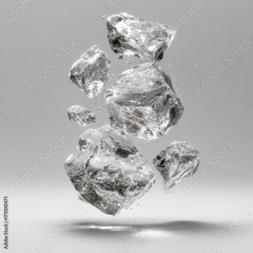 Ice cubes suspended in mid-air,  clear and frosty