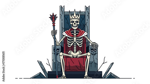 Reigning Skeleton: A regal skeleton, adorned with a crown and scepter, sits commandingly upon a throne, a stark symbol of mortality and power.