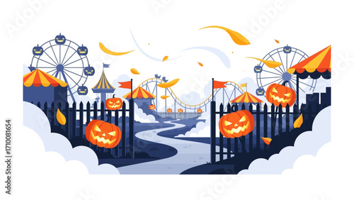 Spooky Carnival: Spooky halloween carnival illustration with pumpkin lanterns and Ferris wheels, a thrilling panorama in a twilight setting, evoking the anticipation and excitement of the season.
