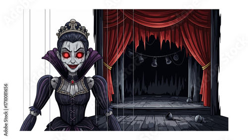 Sinister Puppet in Shadow: A captivating illustration of a creepy, unsettling puppet with piercing red eyes, set against a dramatic stage backdrop, exuding an air of suspense and impending dread.