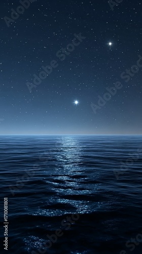 Starlit night over calm ocean with reflections on water surface