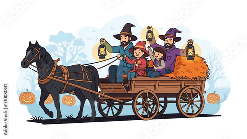 Halloween Wagon Ride: A family wagon ride on a moonlit Halloween night, illuminated by lanterns amidst pumpkins and a horse.