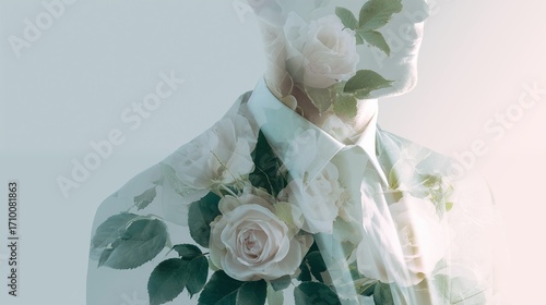 Man Silhouette with Roses and Leaves Double Exposure