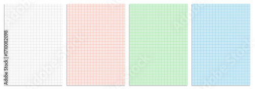 Set of colorful graph paper templates in white, red, green, and blue. lined graph grid paper sheets scrapbook on transparent. Modern retro stationery vertical banner folded paper mockups templates.