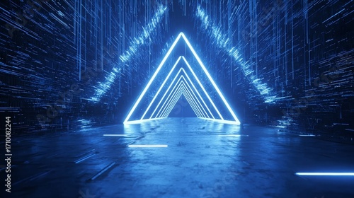 Fototapeta Naklejka Na Ścianę i Meble -  Neon blue triangular tunnel with glowing lines and digital rain effect in a futuristic cyber space