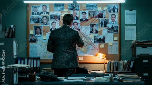 A detective stands in a dark office looking at an investigation board with photos, a map, and red threads, working on a complex criminal case or conspiracy theory