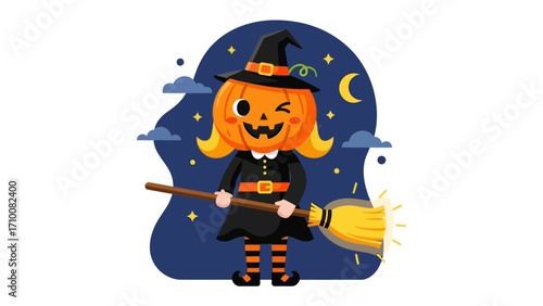 Enchanting Pumpkin Witch: A whimsical illustration of a charming pumpkin-headed witch, clutching a broomstick under the twilight sky, embodies the playful spirit of Halloween.