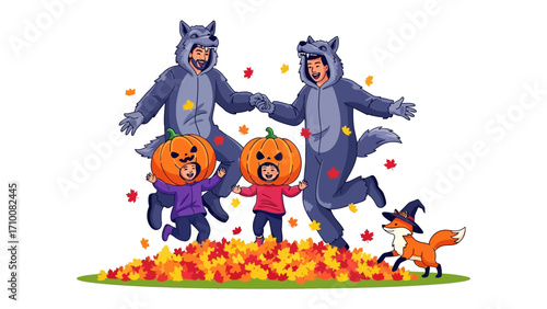 Family Halloween Fun: A joyful family, adorned in whimsical costumes, frolics amidst a vibrant pile of autumn leaves, creating a charming scene of playful spirit.