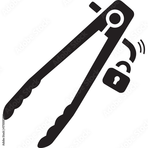 Black silhouette of kitchen tongs with a padlock isolated on white background