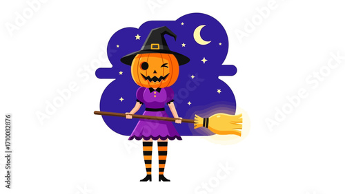 Smiling Pumpkin with Broom: A charming pumpkin-headed figure, adorned in a witch hat and holding a broom, brings Halloween magic and cheer to life.