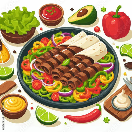 Shawarma wraps on a vibrant salad plate accompanied by various sauces and toppings