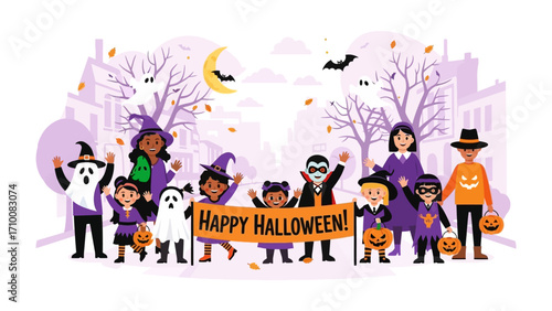 Happy Halloween Gathering: A joyful group of kids in colorful costumes, banner in hands and embracing the spirit of Halloween.