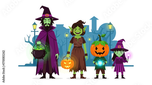 Halloween Festivities: A festive ensemble of Halloween characters, including a witch, a wizard, and a pumpkin-headed figure, gather in a vibrant and playful illustration.