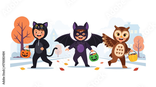 Halloween revelry: Three children are dressed in delightful costumes, collecting sweets. The scene is filled with joy and anticipation of spooky festivities, showcasing playful costumes for Halloween.