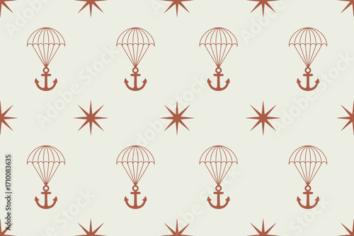 Seamless pattern featuring anchors suspended from parachutes and eight pointed stars on a light background