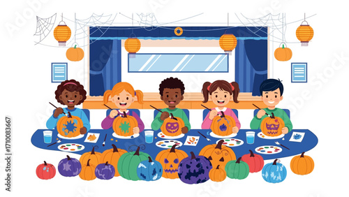 Halloween pumpkin carving: A diverse group of children gather around a table, focused on carving their own unique pumpkins. This charming scene, filled with laughter and creativity.