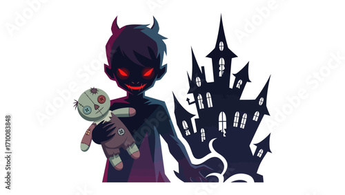 Sinister Silhouette: A chilling digital illustration of a shadowy child figure, clutching a voodoo doll and set against the backdrop of a haunted house silhouette.