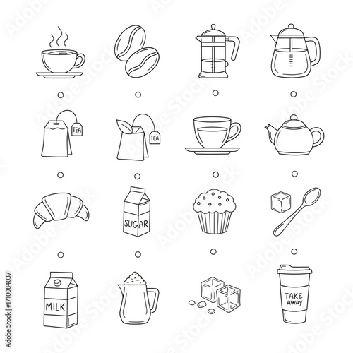 Illustration of coffee and tea elements, featuring cups, beans, pots, tea bags, croissant, sugar, milk, and takeaway cup
