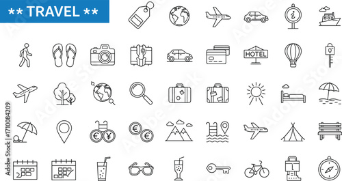 Travel icons, vacation symbols, transportation, hotel, passport, luggage, map, calendar, beach, mountain, sun, camera, scooter, ship, compass, location pin, currency exchange, tourism,