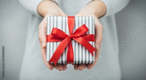 Hands Holding Gift Box with Red Ribbon.
