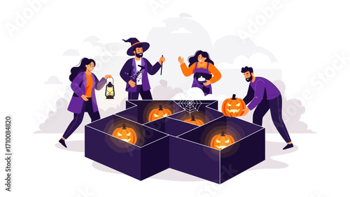 Spooky Gathering: An illustration captures a group of friends preparing for Halloween. The scene is filled with anticipation and festive decorations. 