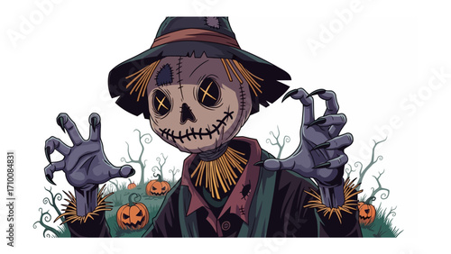 Spooky Scarecrow: A whimsical illustration of a scarecrow with menacing features, embodying the eerie charm of Halloween, surrounded by pumpkins and dark vegetation.