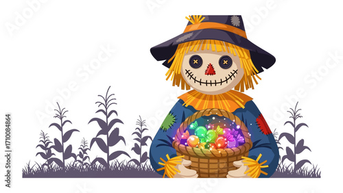 Whimsical Scarecrow with a Bounty: A charming scarecrow figure holds a basket brimming with colorful treasures, set against the backdrop of a harvested field, in a whimsical style.