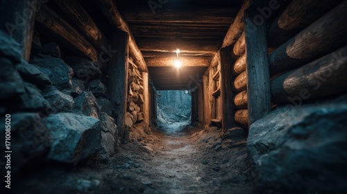 Dark mine tunnel interior with wooden beams stone walls and a single light bulb illuminating the path forward