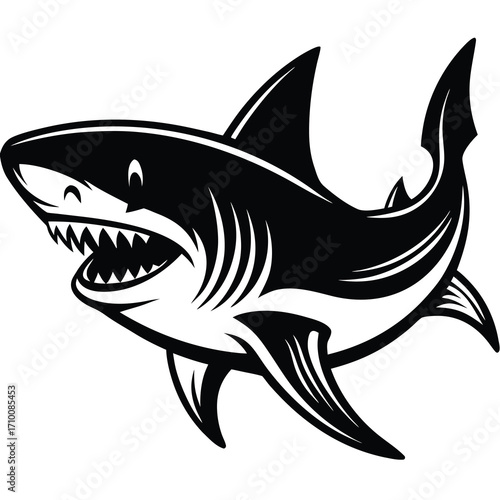 Bold black outline illustration of a powerful shark in dynamic motion perfect for marine life themes and aquatic designs