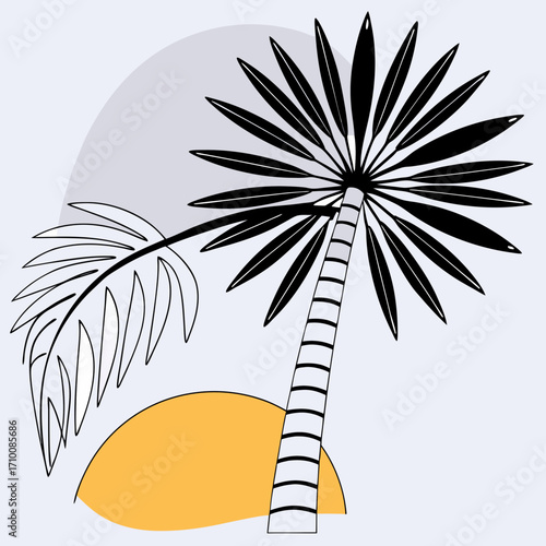 Vector art of abstract palm tree with sun and geometric shapes