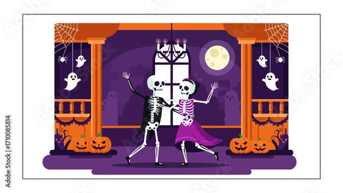 Halloween Night Dance of Skeletons: Captivating scene of two animated skeletons dancing merrily amidst the spooky ambiance of Halloween, featuring pumpkins.