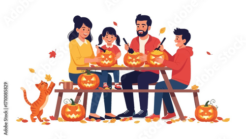 Halloween pumpkin carving joy: A cheerful family enthusiastically carves Halloween pumpkins, their faces alight with the festive spirit of the season. A playful cat frolics nearby.