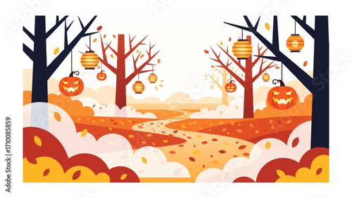 Autumn Halloween Pathway: A whimsical, illustrated pathway winds its way through an autumnal landscape, with charming jack-o'-lanterns and lanterns adorning the trees.