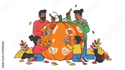 Pumpkin Patch Family: A heartwarming illustration captures a family's joy in a pumpkin patch, working on a festive decoration. The image radiates togetherness and holiday spirit.