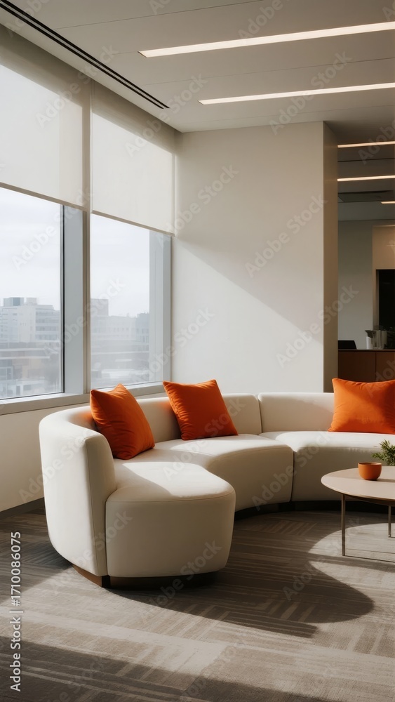 Fototapeta premium Modern living room with curved white sofa, orange cushions, and large windows overlooking cityscape