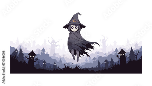 Mysterious Witch in Haunted Village: A whimsical and slightly spooky illustration of a witch floating above a silhouetted haunted village. With a witch hat and cape in a spectral forest setting.