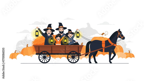 Halloween Family Ride: A family in witch hats enjoys a festive hayride, illuminated by lanterns and accompanied by a horse-drawn carriage, amidst pumpkins.