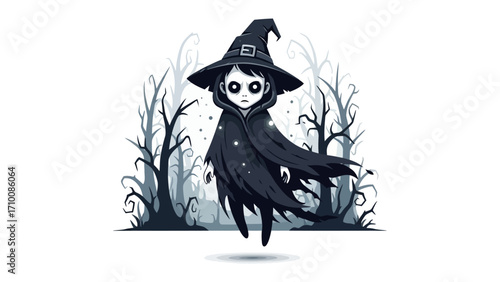 Spooky Halloween Witch Illustration: A captivating illustration of a witch conjuring an eerie atmosphere. perfect for halloween-themed designs, evoking enchantment and mysticism