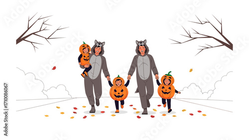 Halloween Family Fun: A spirited family, adorned in whimsical costumes, strides confidently through a festive Halloween celebration, capturing the spirit of togetherness and joy