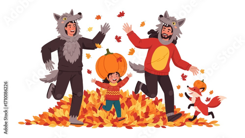 Autumn Family Costume Fun: A joyful family, adorned in festive attire, revels amidst a vibrant display of autumn foliage, sharing laughter and creating cherished memories.