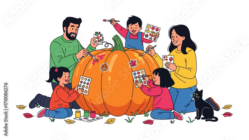 Pumpkin Craft Family Moments: A lively family engages in autumn crafting fun, adorning a giant pumpkin with cheerful decorations, while the crisp fall leaves swirl around them, evoking a warm.